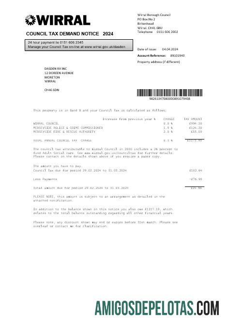 realista Modelo de conta de serviços públicos de imposto municipal de Wirral do Reino Unido em formatos Word e PDF